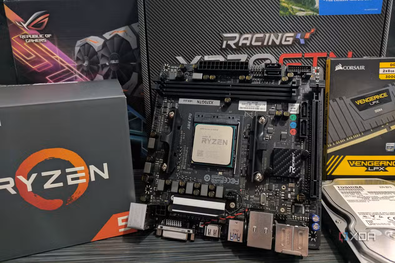 An AMD AM4 motherboard with a CPU installed onto it.