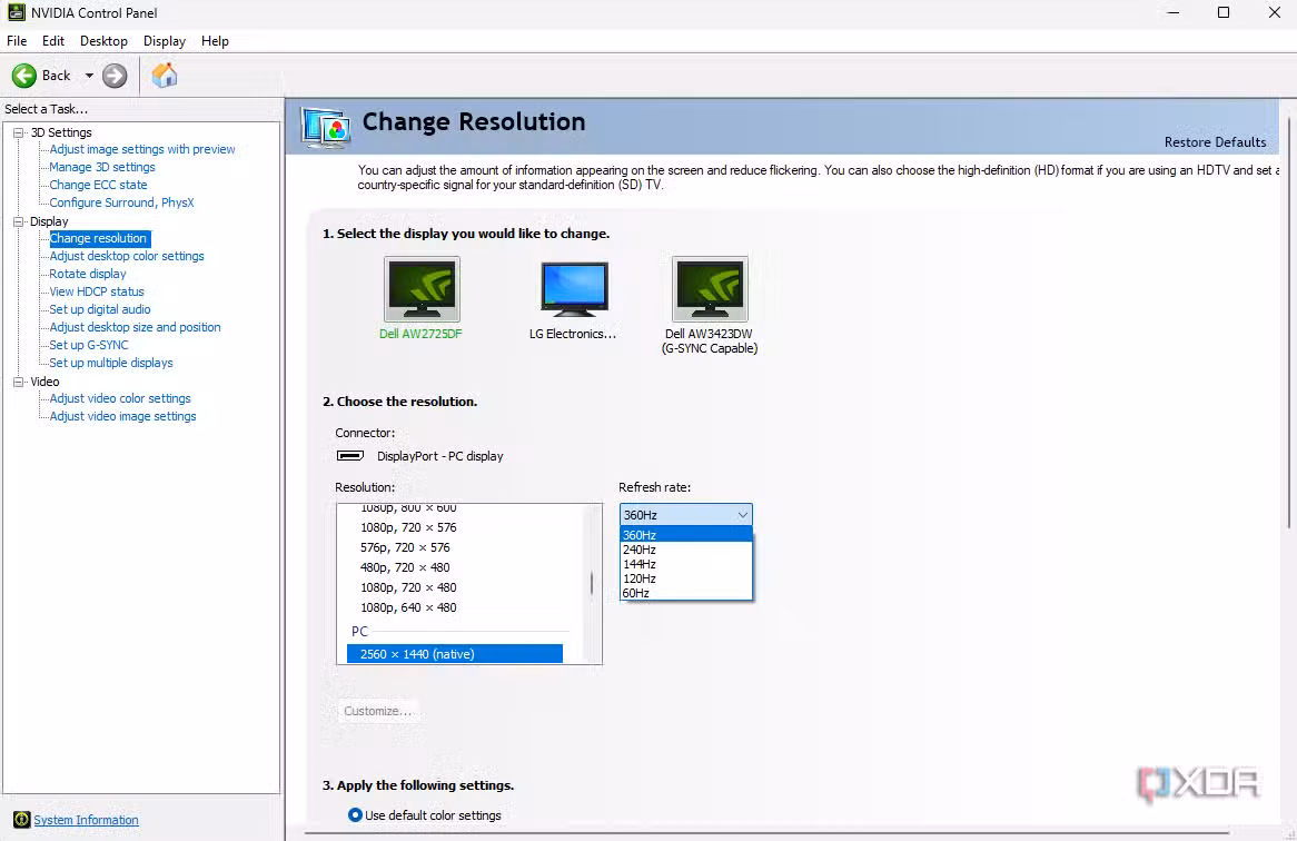 Nvidia Control Panel Refresh Rate menu