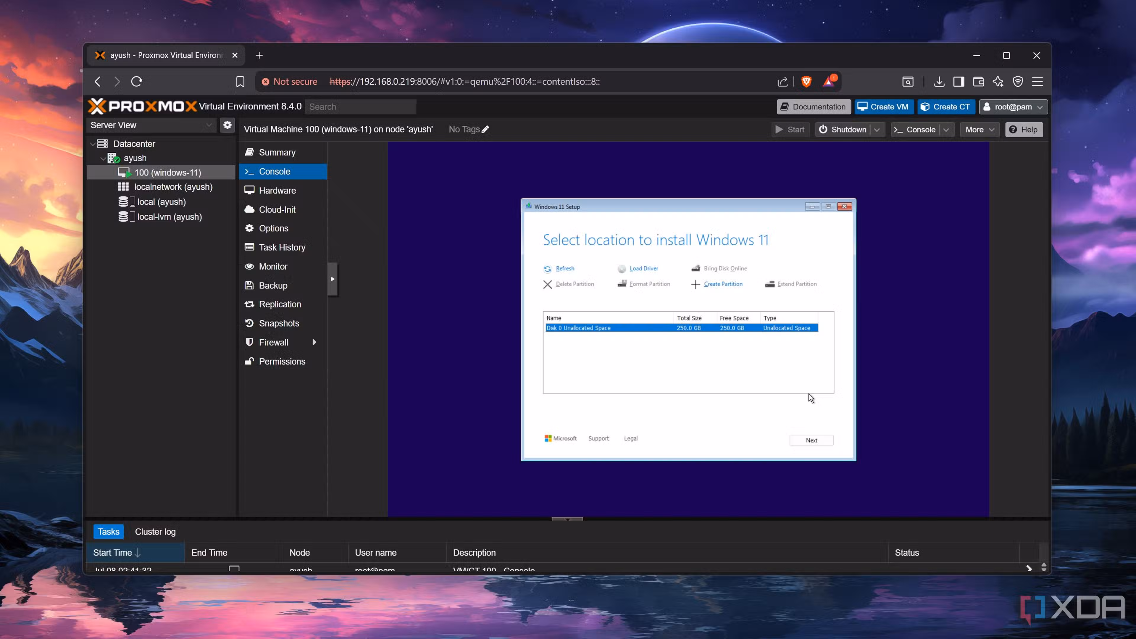Selecting the installation disk inside a Windows 11 VM