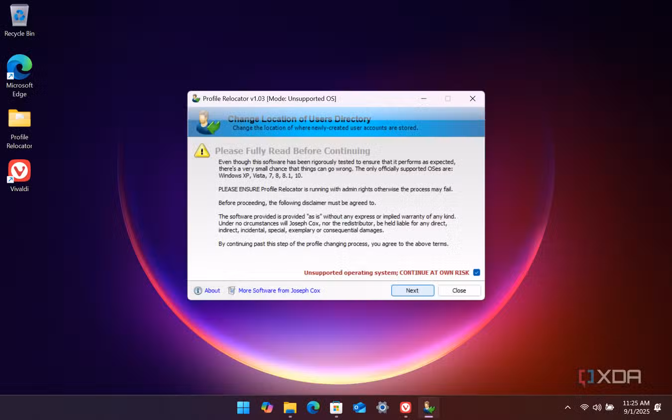 shows Profile Relocator warning agree EULA