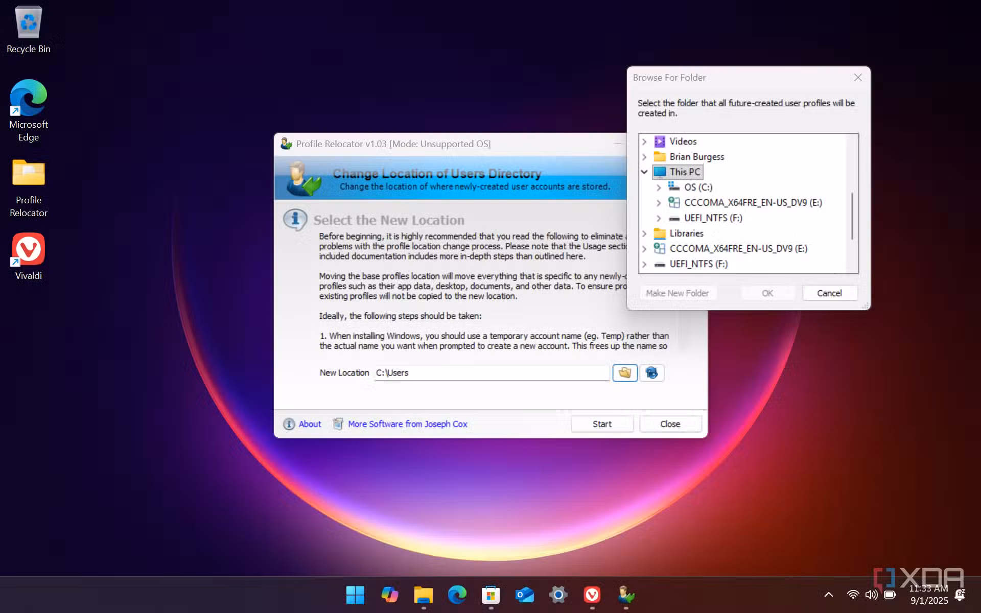 Shows choosing a location for Windows User folder