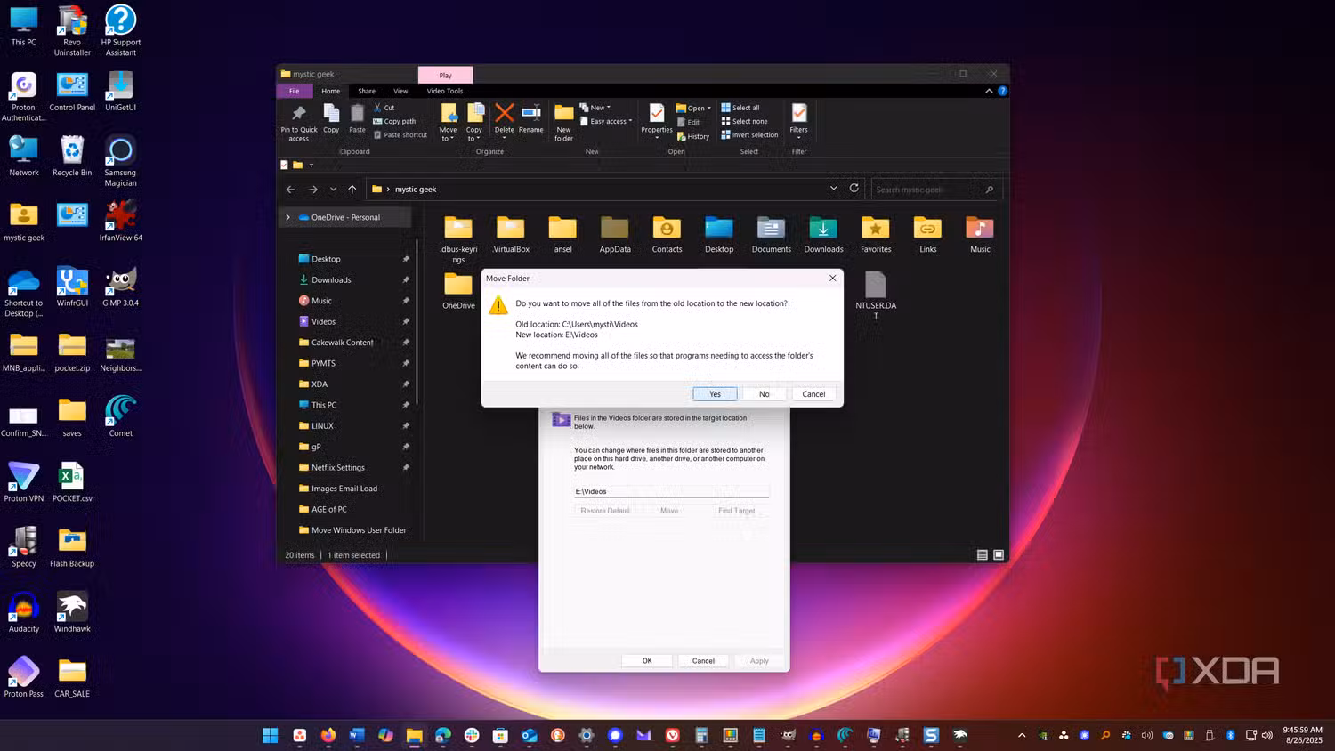 shows clicking verification message to move default user folder