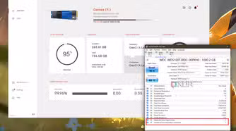 Screenshot of SanDisk dashboard and CrystalDiskInfo showing SSD health