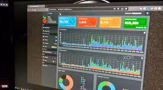 Pi-hole dashboard on a desk monitor showing total queries and blocked percentage