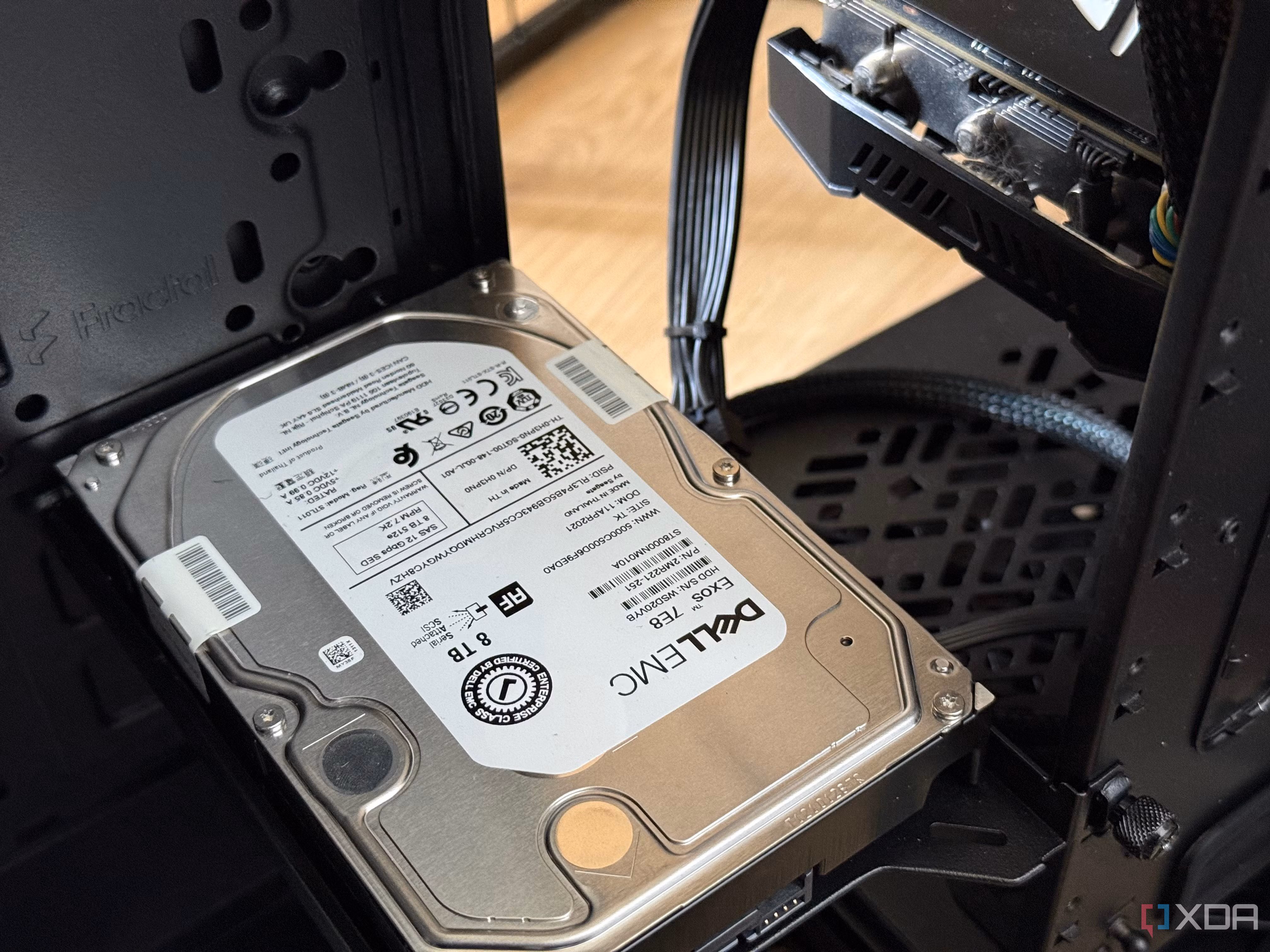 A Dell-branded Seagate Exos drive installed in a home lab PC