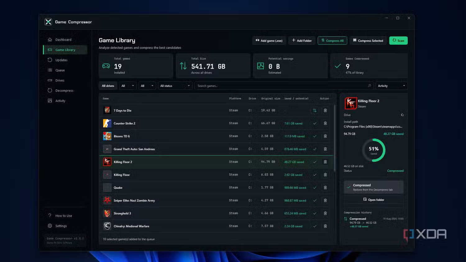 A screenshot of Game Compressor showing it in progress of compressing a game