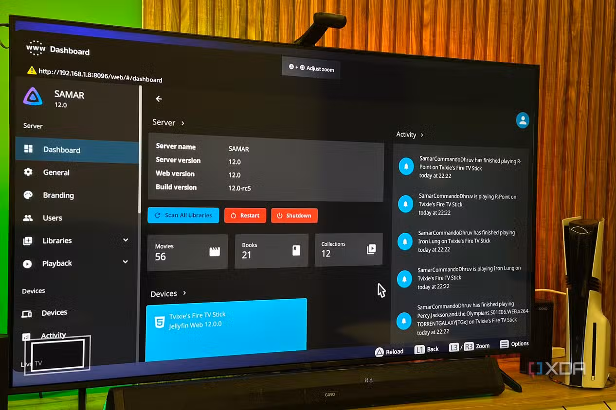 Jellyfin's web client dashboard on PS5 Internet Browser.