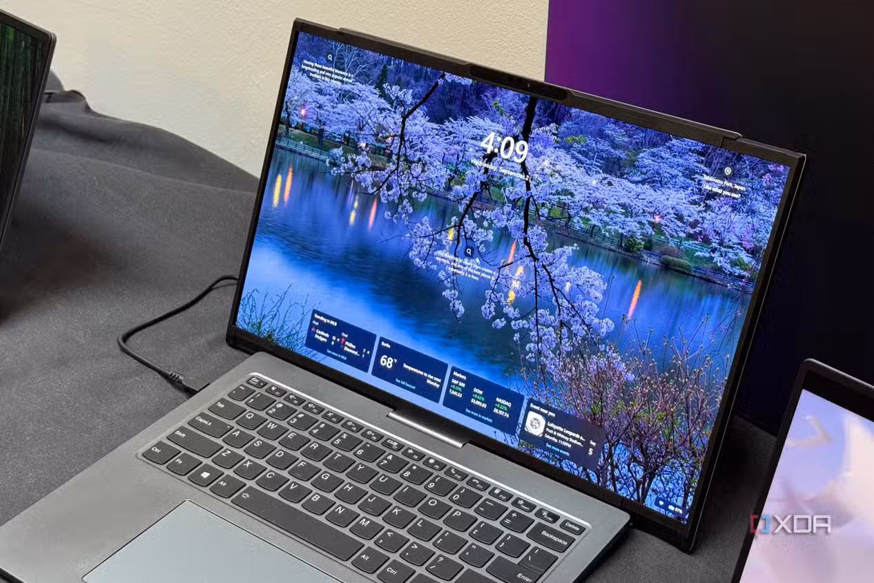 Close-up of the ThinkBook Project Swan's tall rollable screen at the Windows lock screen