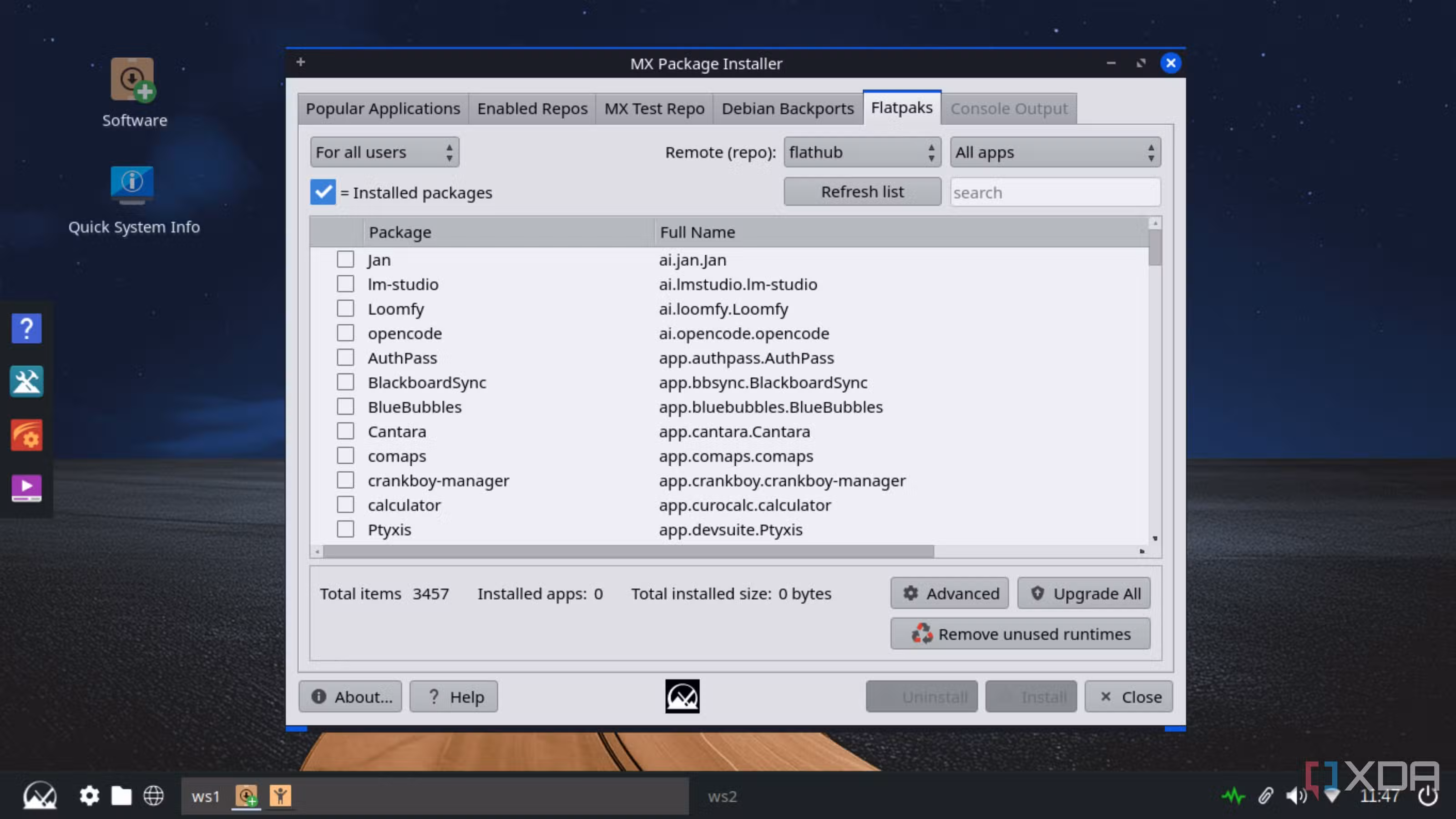 screenshot of mx linux fluxbox flatpak installer