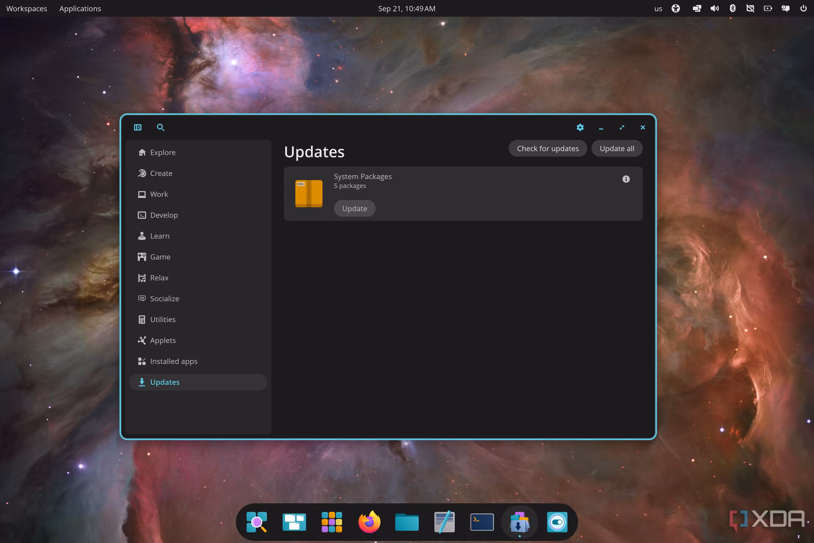 Screenshot of COSMIC Store on Pop OS showing system package updates are available to install