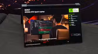 RTX Spark laptop in tent mode with a slide reading The chips and the OS must evolve