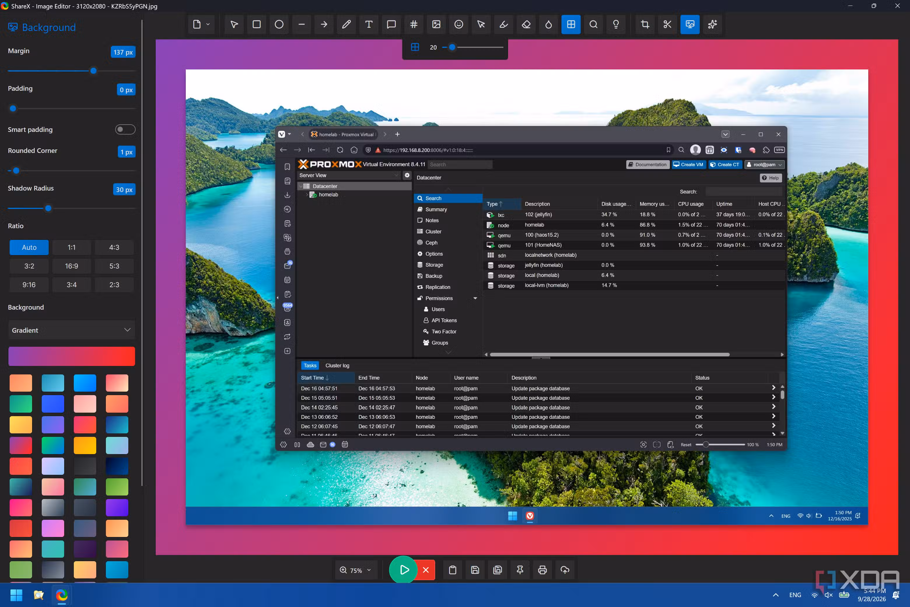 Screenshot of the image editor in Share X adding a gradient background to a screenshot with various customization options