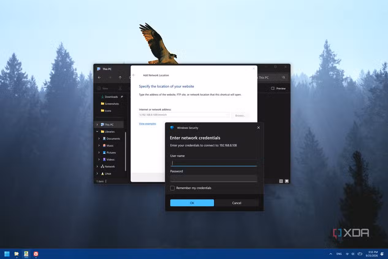 Screenshot of the network location setup on Windows 11, showing an authentication pop-up over the configuration window