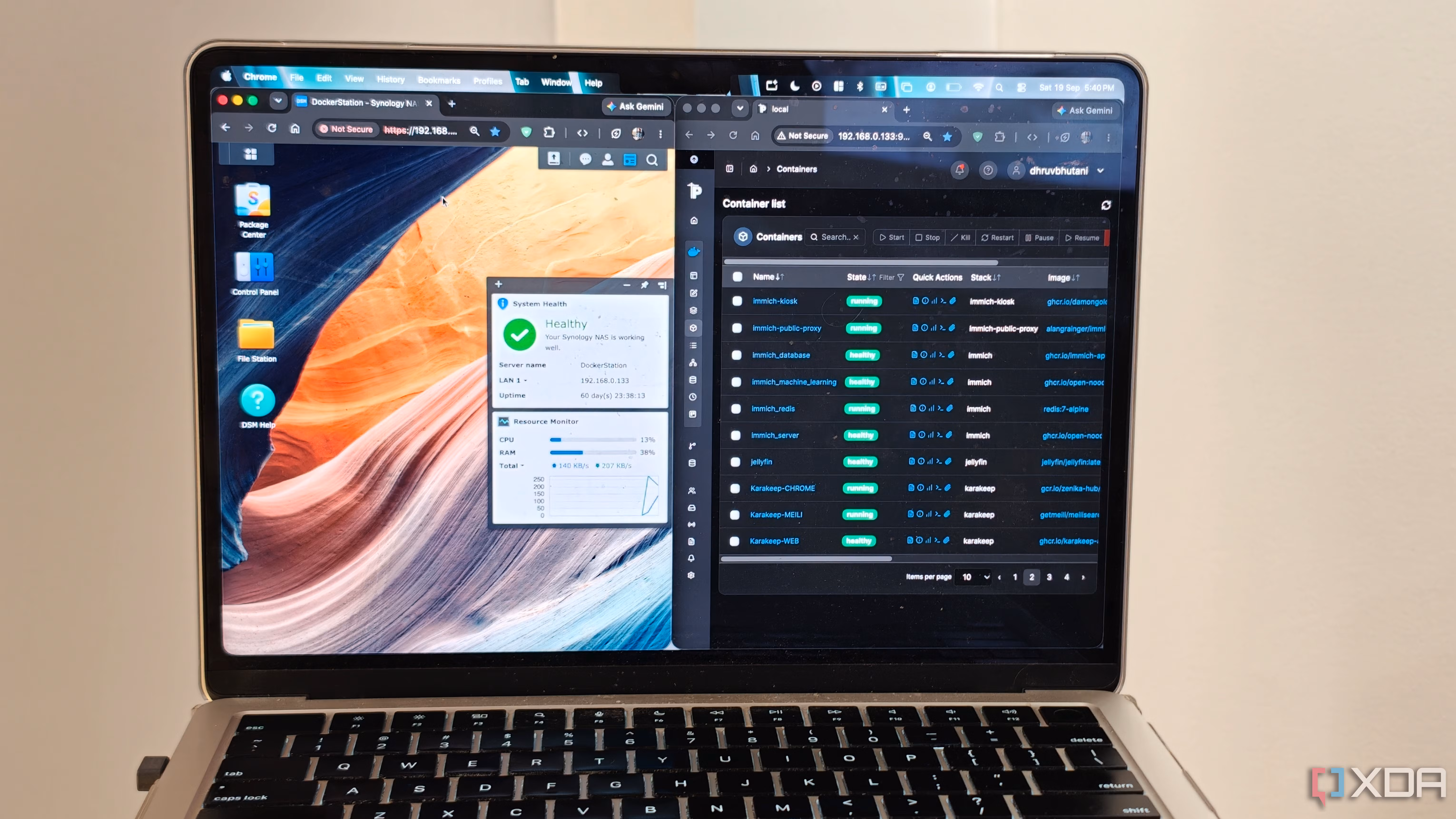 Synology interface and Portainer on a Mac