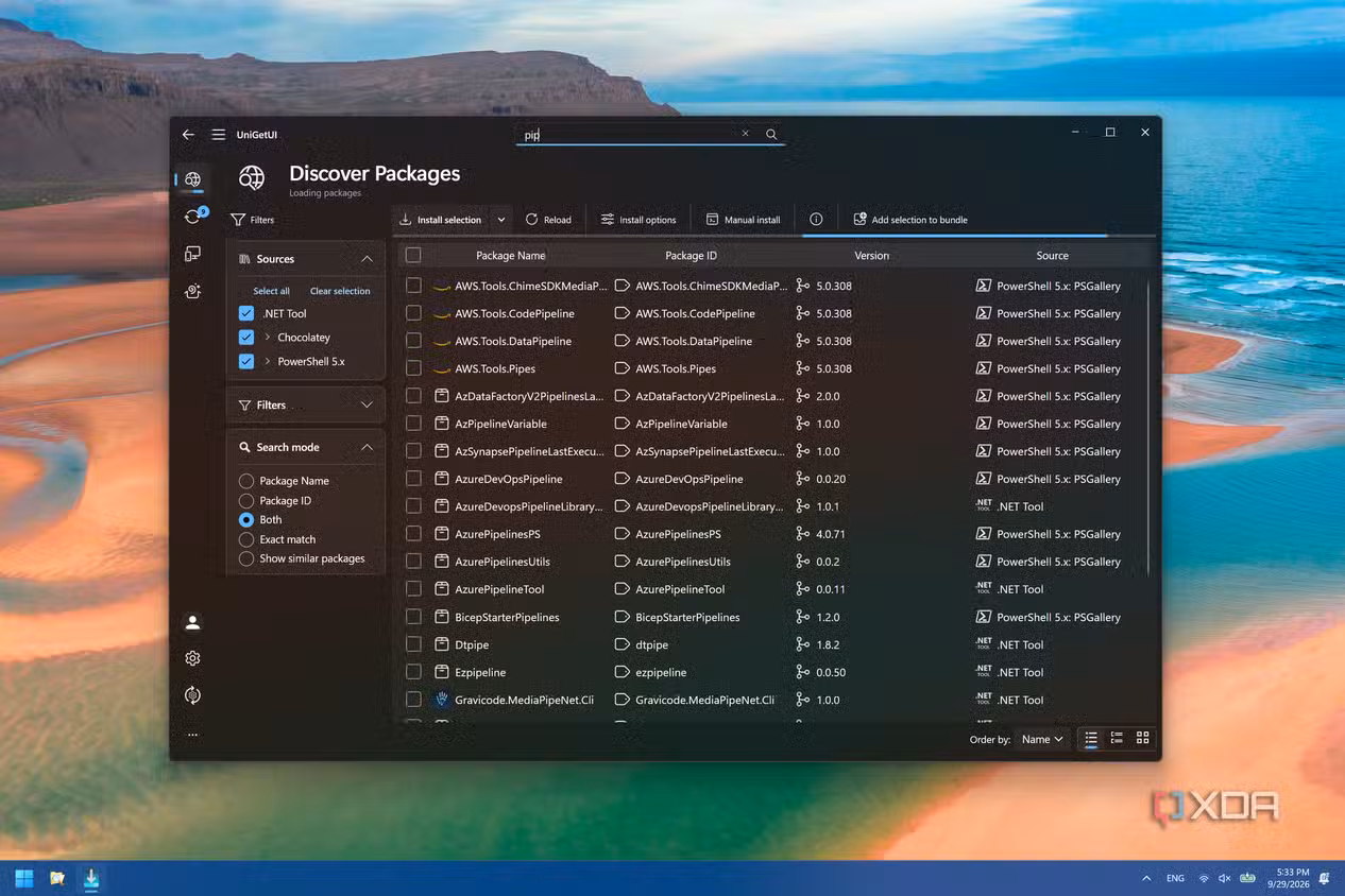 Screenshot of UniGetUI on Windows 11 showing a list of packages on various repositories when searching for the term "pip"