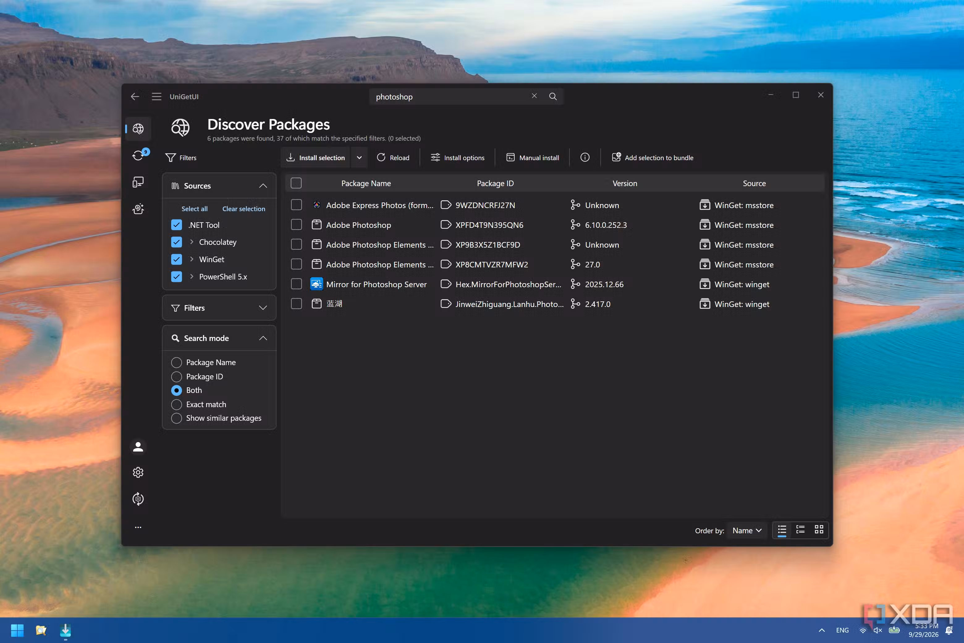 Screenshot of UniGetUI on Windows 11 showing a list of packages on various repositories when searching for the term "photoshop"
