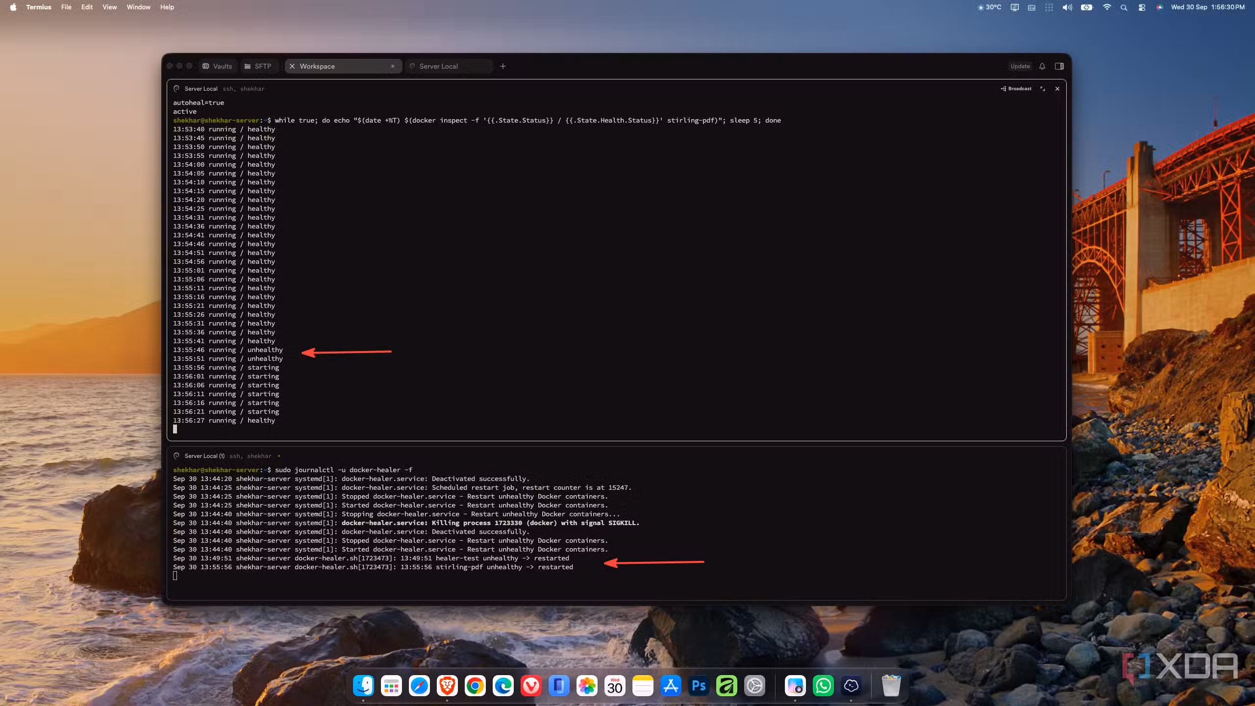 Terminal showing Stirling PDF going from healthy to unhealthy and back, with the healer log recording the restart