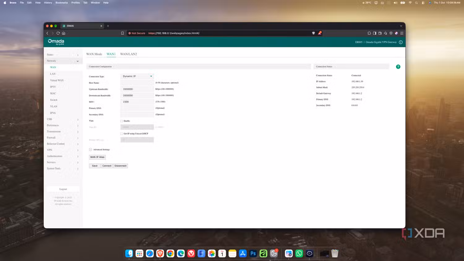 TP-Link Omada ER605 WAN1 settings with the connection type set to Dynamic IP