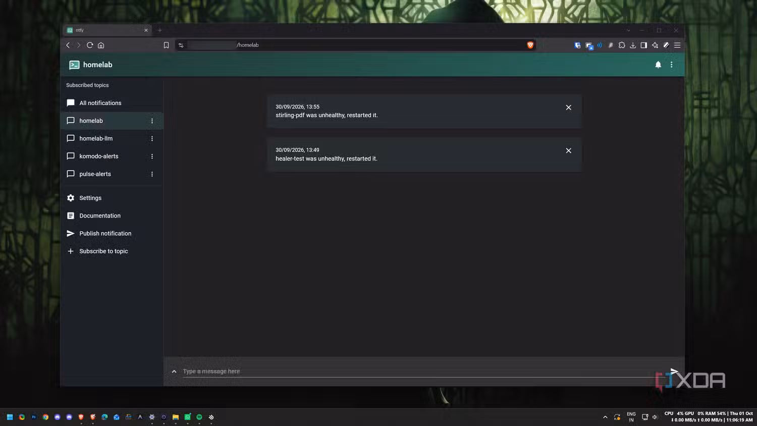 ntfy topic page showing a notification that the Stirling PDF container was unhealthy and was restarted