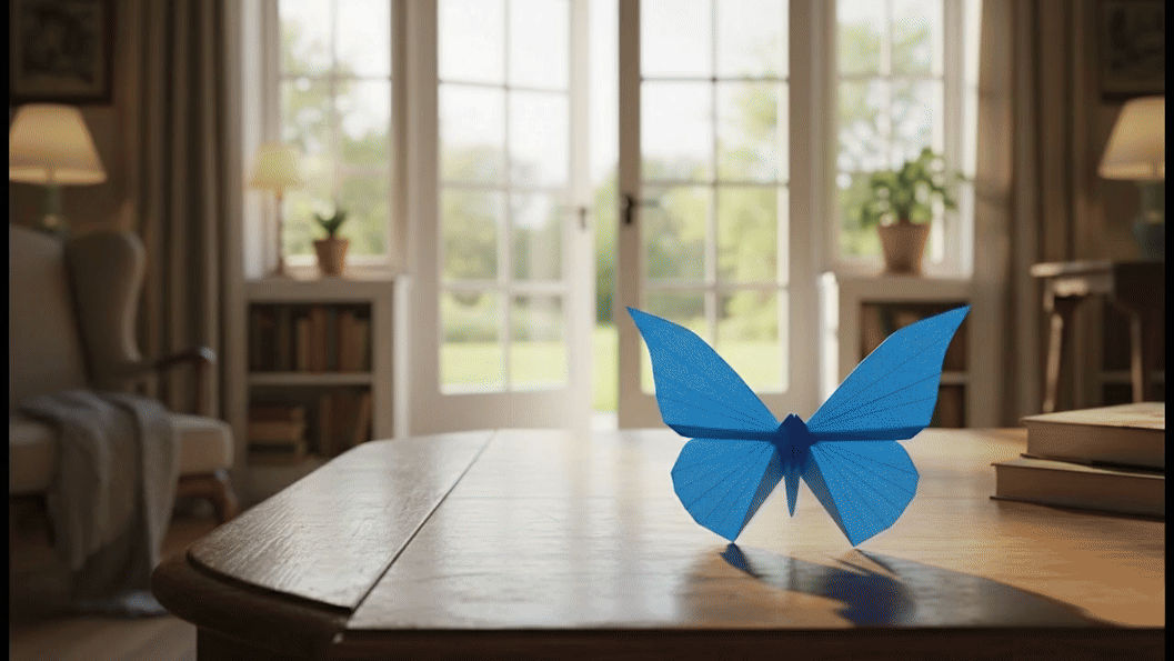 Origami kelebek kanatlarını çırparak Fransız kapıdan bahçeye doğru uçuyor.