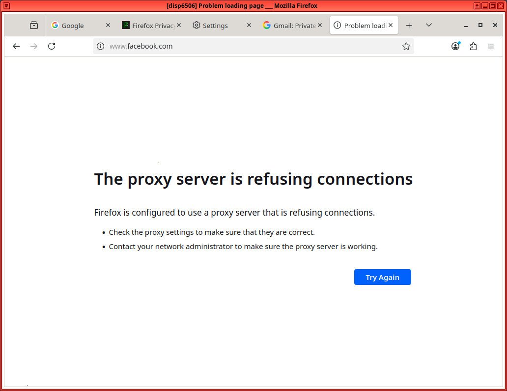 Screenshot shows a firefox window trying to load "www.facebook.com" with error: The proxy server is refusing connections