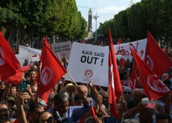 Supporters of the Tunisian Free Destourian Party wave national flags and raise placards during a demonstration against President Kais Saied in the capital Tunis, Tunisia