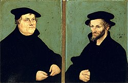 Dois retratos lado a lado de Martinho Lutero e Philipp Melanchthon.