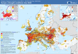carte de l'Europe indiquant les zones en situation de sécheresse. L'Irlande, le Royaume-Uni et l'Europe continentale de la France à l'Ukraine est en rouge, seuls les pays méditerranéens et scandinaves sont épargnés.