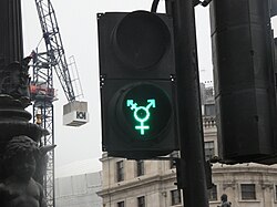 Feu vert où est inscrit le symbole transgenre