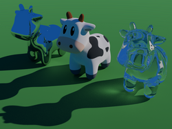 3D rendered image showing three copies of a cartoon cow. The one on the left has a mirror surface, and the one on the right uses a transparent glass material. The outlines of the cows and the shadows are smooth with no blockiness or angular defects. There are a few speckles of white pixels, but far fewer than in the low-quality image. The reflection, transparency, and lighting look realistic.