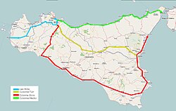 Carte de la Sicile avec les trajets en couleurs des différentes colonnes de patriotes
