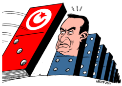 A charge retrata o presidente egípcio Hosni Mubarak como o próximo a cair após a revolução tunisiana ter forçado o presidente Zine El Abidine Ben Ali a fugir do país.