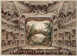 Tableau à l'aquarelle de la scène, du parterre et des loges de côté.