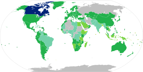 Carte du monde décrivant les formalité d’entrée des Canadiens dans les autres pays, tel que décrit dans la légende