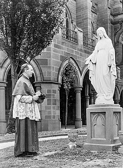 This is a photograph of Cardinal Norman Gilroy taken around 1955 outside St Mary's Cathedral, now used as a graduation Mass venue.