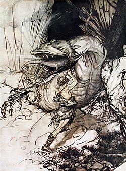 A man dressed in furs plunges his sword into the neck of a large four-legged snake-like creature.