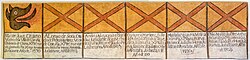 A painted scheme with two rows by six columns. The upper row shows 1 head of a fire-breathing demon and 5 saltires. The lower row has text in Spanish about 4 men and 2 women. They are named, described as neighbours of Coruña. Their sentence is described and dated.