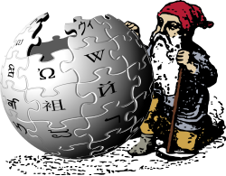 Illustration of a WikiGnome holding a wiki-themed tool