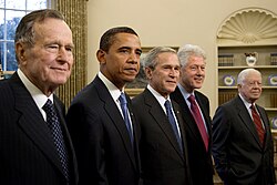 President George W. Bush Meets with Former Presidents George H. W. Bush, Bill Clinton and Jimmy Carter and President-Elect Barack Obama in the Oval Office of the White House - DPLA - 8f2f33d64f72a6eb1b0471ba20da87f6.jpg