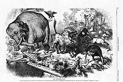 Nast's cartoon "Third Term Panic". November 7, 1874 Inspired by the tale of The Ass in the Lion's Skin and a rumor of President Grant seeking a third term, the Democratic donkey (labeled "Caesarism") panics the other political animals, including a Republican Party elephant.