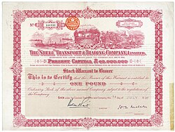 Optionsschein auf eine Stammaktie der „Shell“ Transport & Trading Company im Wert von einem £, ausgestellt am 14. Juli 1937