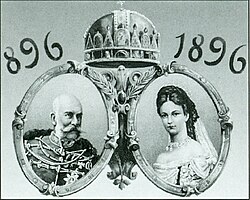 Portrayal of Franz Joseph and his wife Elisabeth on a millennium memorial leaf with the crown.jpg