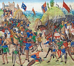 A colourful medieval image of a battle between French and English forces