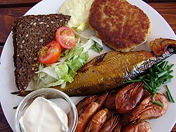 Fishcake, smoked herring and prawns with dark rye bread