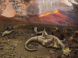 Ilustração de um cenário pré-histórico mostrando dinossauros mortos ou agonizando em uma paisagem devastada por intensa atividade vulcânica, ao fundo erupções lançam lava, fumaça e cinzas para o céu.