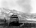 Soldiers fire quadruple .50 caliber machine guns from an M-16 at Chinese Communist-held positions, north of Chae-jae, Korea. 12 March 1951