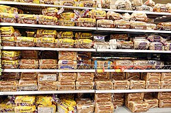 Photo of sliced brown bread loaves on the shelves in Asda, Bristol