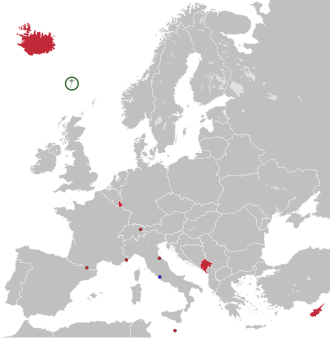 A map of Europe with Andorra, Cyprus, Iceland, Liechtenstein, Luxembourg, Malta, Montenegro, and San Marino highlighted. The Faroe Islands is highlighted in green and Vatican City in blue.