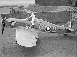 Pilot Officer "Taffy" Clowes climbing into his No. 1 Squadron Hawker Hurricane Mk.I at RAF Wittering, in October 1940.