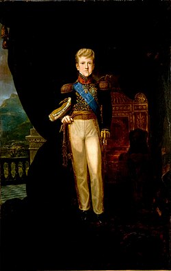 Three-quarters length painted portrait of the pre-adolescent Pedro in gold-embroidered tunic with sash of office and hat tucked under his right arm and left hand resting on the pommel of his sword